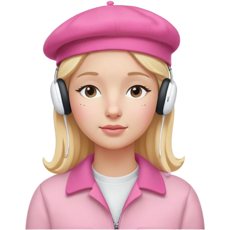 blonde American girl wearing a pink beret and AirPods Max headphones, listening to music with closed eyes emoji