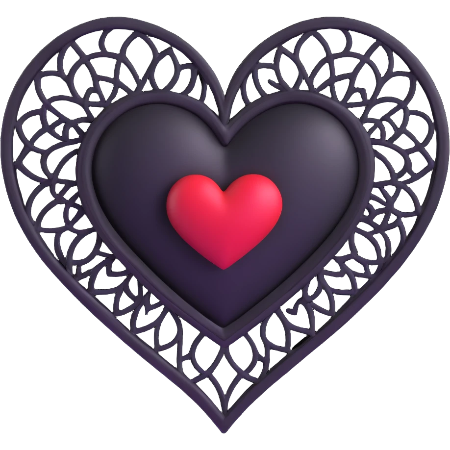 3D style black heart with gothic lace patterns, shiny and dramatic emoji