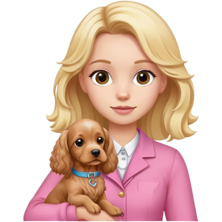 The blond girl with a pink outfit with a cocker spaniel dog in her brazos emoji