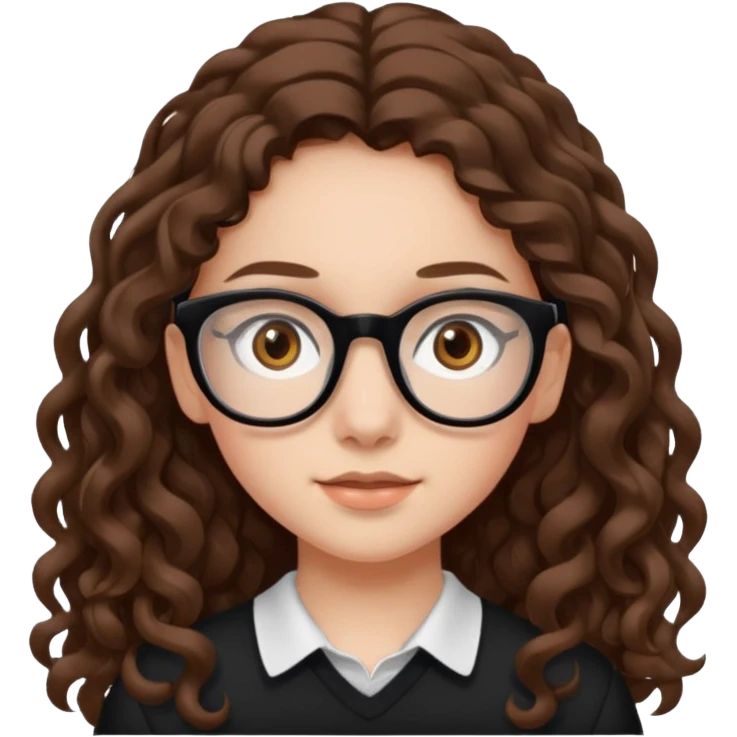 white teen girl with long brown curls, hazel eyes, and black frame glasses emoji