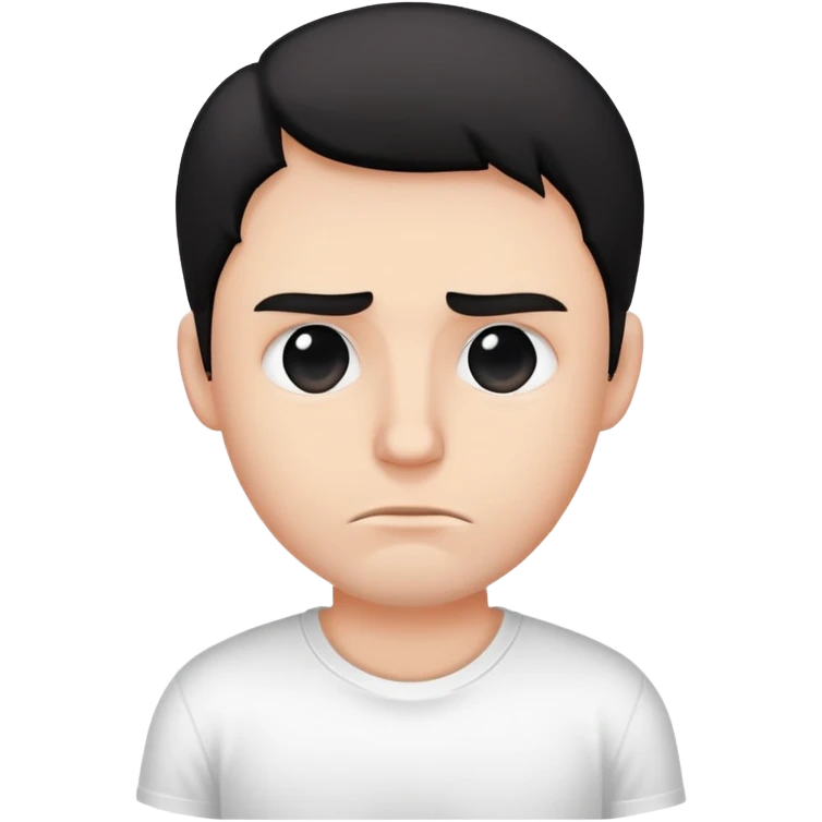 A sick man wearing a white t-shirt with a big black M  emoji