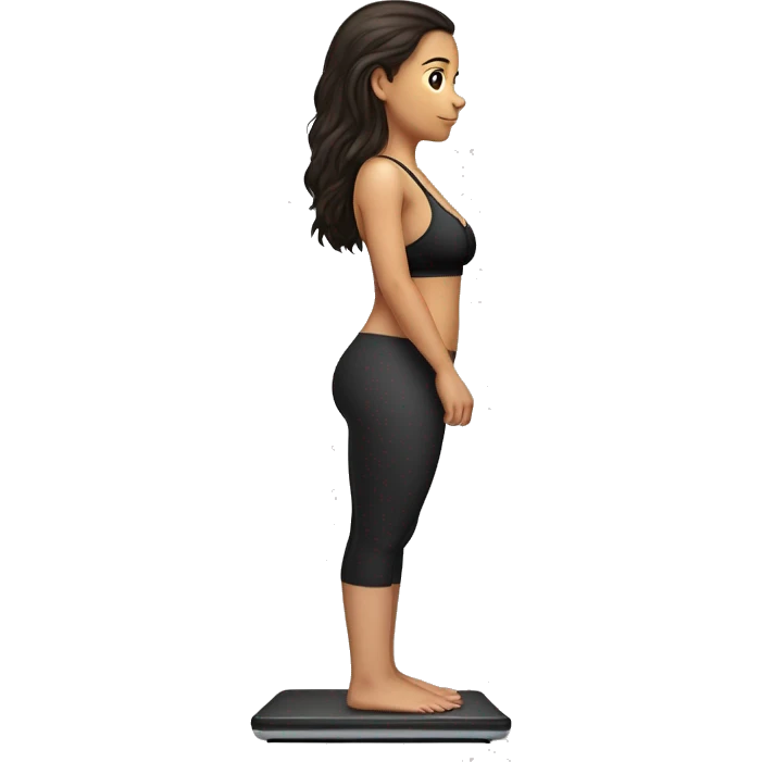 Side view of a brunette girl standing on a bathroom scale, looking down, wearing black leggings and a sports bra emoji