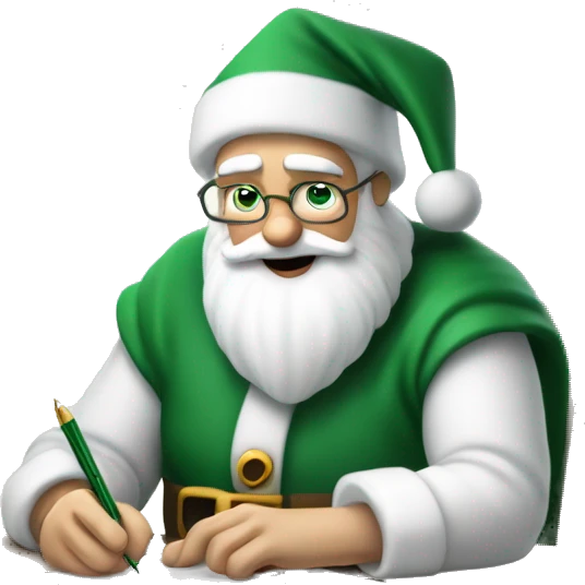 White Father Christmas is sitting on a desk, writing something down on a sheet of paper, solving complicated math puzzles, you can see the math tasks/ exercises emoji