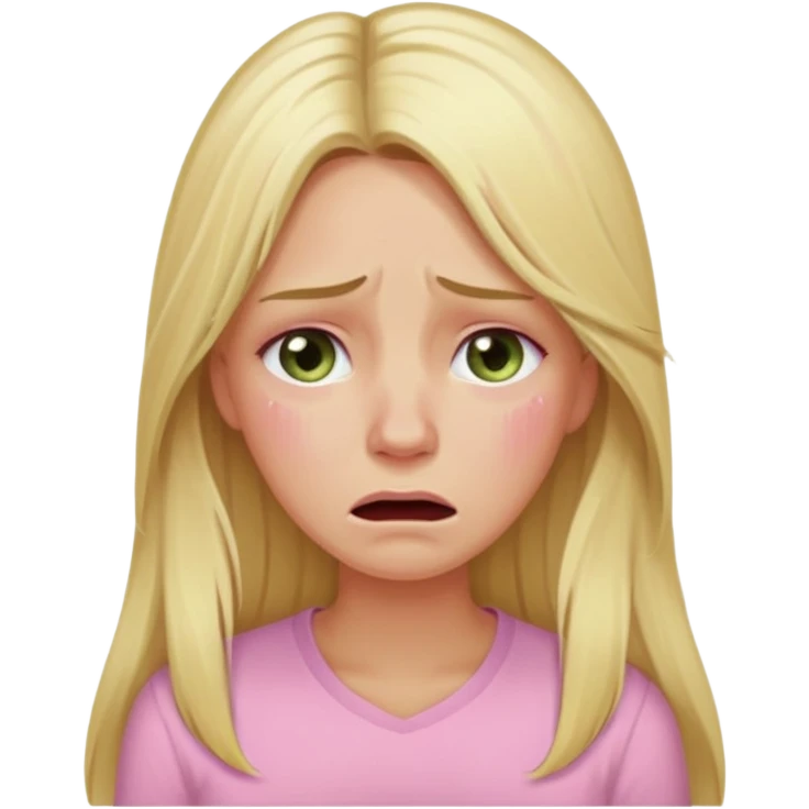 blonde with long hair and swamp-colored eyes, wearing a pastel pink shirt, crying, iOS Apple emoji style emoji