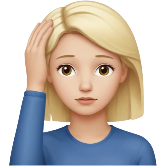 Cewe blonde yang lagi overthingking lalu ada satu tangannya memgang kepala keliatan setengah badan tanganya kosong dan satu aja emoji
