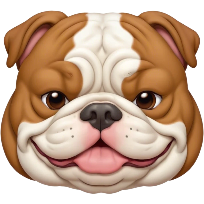 Cinematic Meme-Worthy Chubby Sleeping Brown and White English Bulldog Portrait Emoji, Head resting peacefully with a contented smile, showcasing a delightfully chubby build and a luxuriously soft brown and white coat, eyes shut in a serene nap, Simplified yet hilariously adorable features, highly detailed, glowing with a soft, drowsy light, high shine, relaxed and utterly lovable, stylized with an air of playful laziness, bright and heartwarming, soft glowing outline, capturing the essence of a comically sleepy guardian, so meme-worthy it feels like it could instantly become the next viral sensation of adorable slumber! emoji