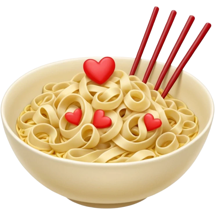 loose tangle of pale yellow cooked noodles with soft glossy texture and natural curves, strands slightly twisted and overlapping, freshly prepared dish, no bowl chopsticks or sauce, soft lighting, subtle shadows, emoji scale, make the noodles heartshaped and add tiny red hearts on the noodles emoji