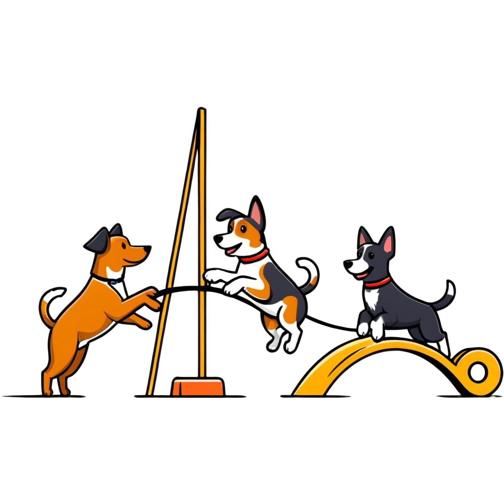 2 brown dogs, and 1 black & white dog playing on agility training equipment  emoji