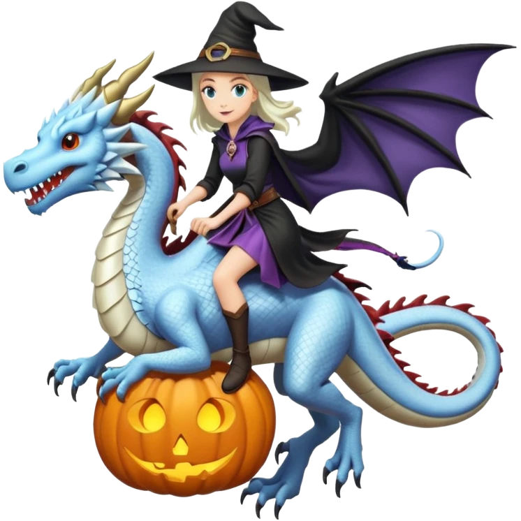 Big white dragon flying with a witchy female rider on top of it emoji