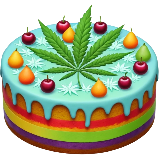 colorful frosted fruit cake with cannabis leaf emoji