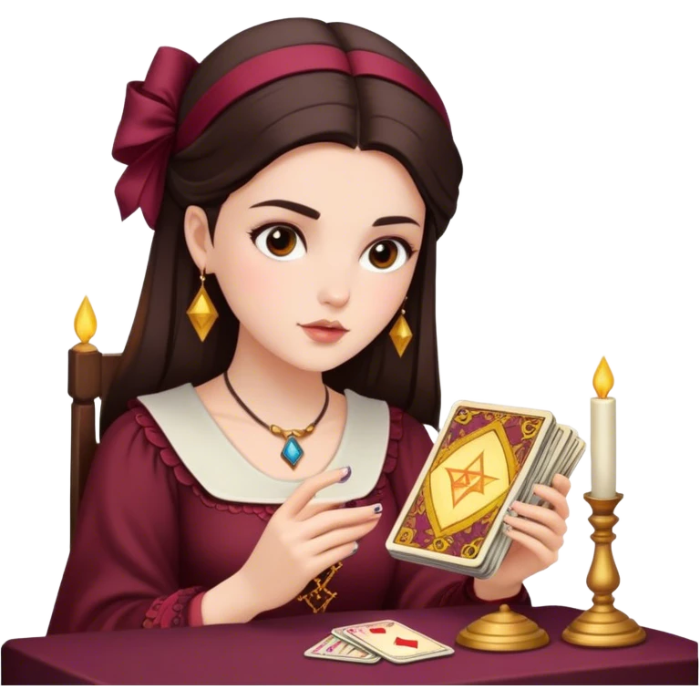 a brunette girl with a square hairstyle, reading tarot cards Burgundy emoji