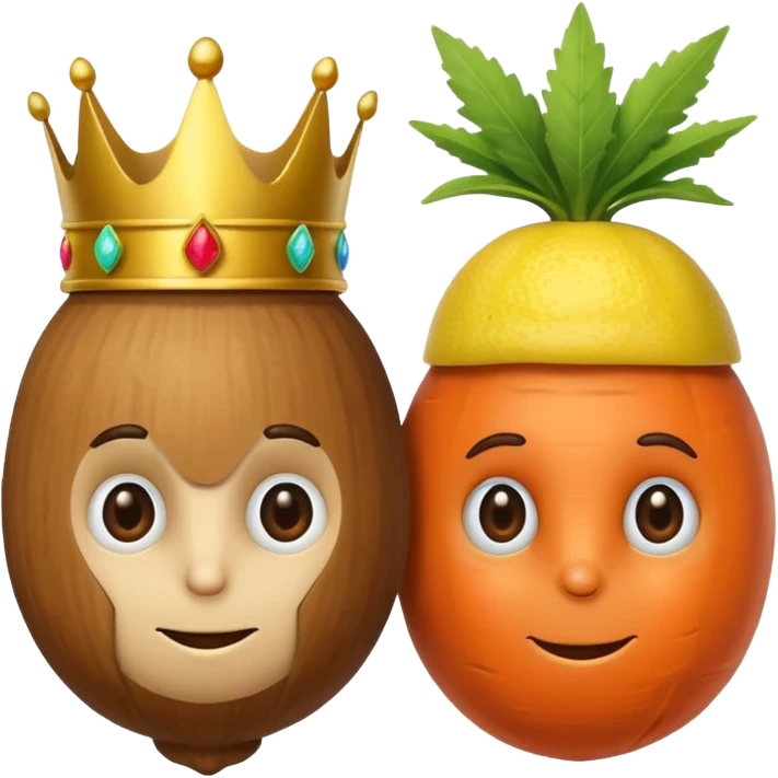 There is a hazelnut with a crown on his head, on his left side is a lemon like a hacker and on his right side is a carrot like a detective emoji