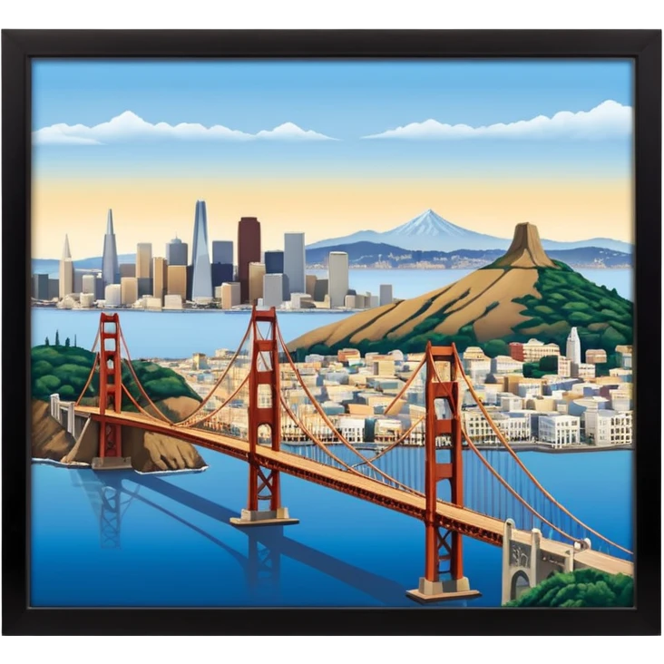 realistic emoji of San Francisco, wide city view with Golden Gate Bridge, Transamerica Pyramid, Chase Center, Embarcadero, Ghirardelli Square, Alcatraz, Bay Bridge, Coit Tower, UC Berkeley belltower, Stanford Hoover Tower, lifelike detail, accurate colors, bright daytime, no sky, no clouds emoji