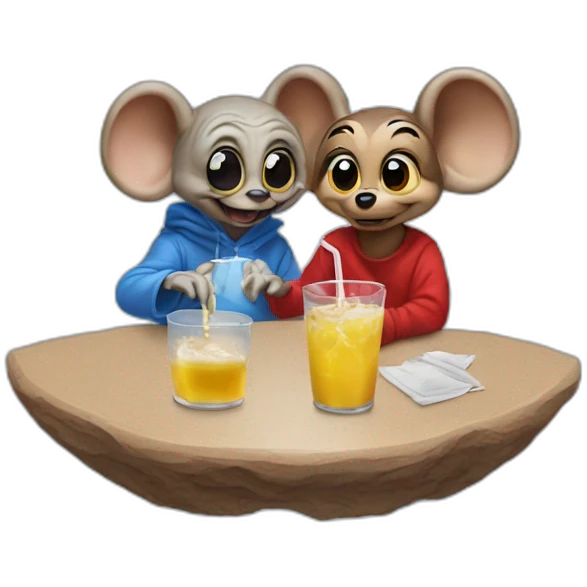 E. T and mickey Mouse drinks a tee emoji