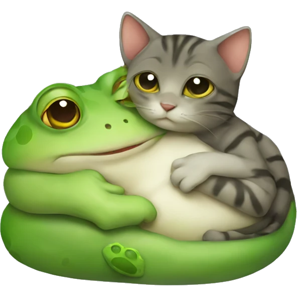 Cat cuddling a frog emoji