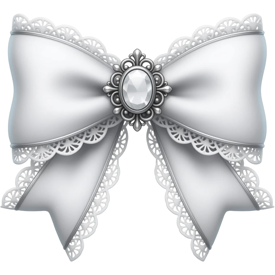 3D emoji gothic bow, white velvet, silver filigree, white lace trim, white gem, elegant emoji