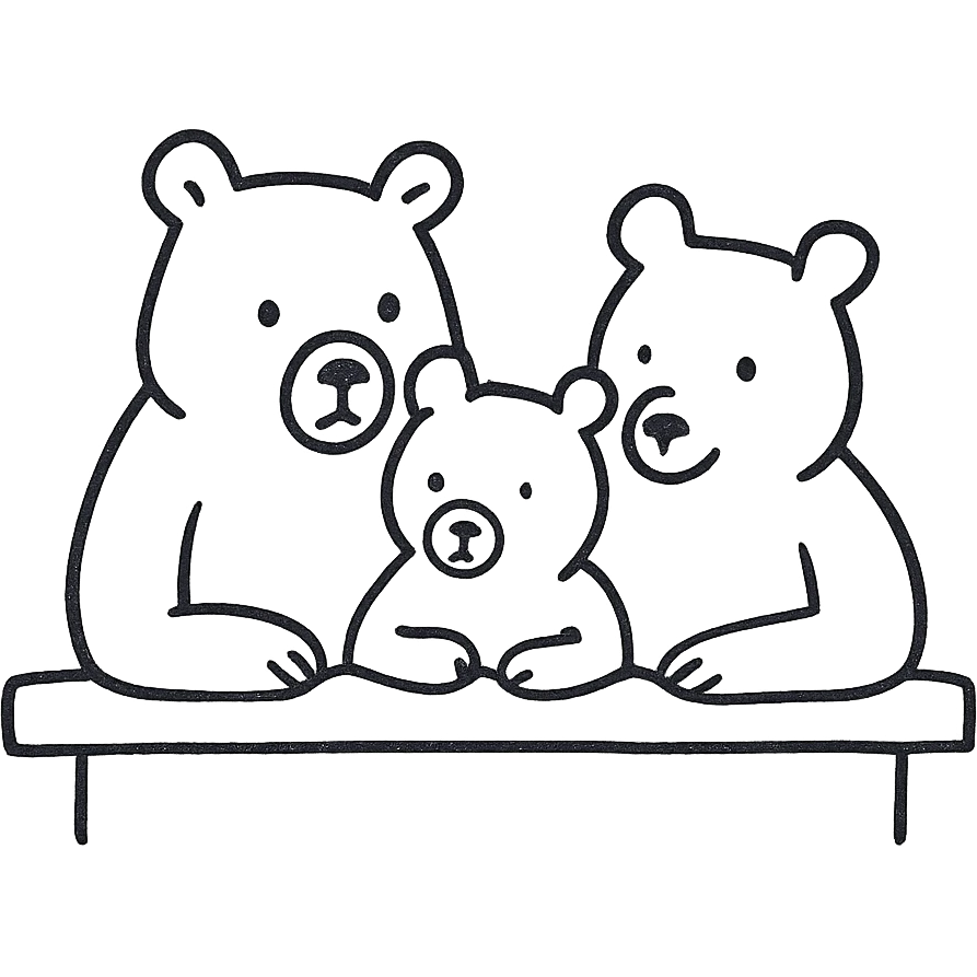 cute line drawing for coloring: a family of bears sitting together at a bar table, simple line style, no fill, for children to color emoji