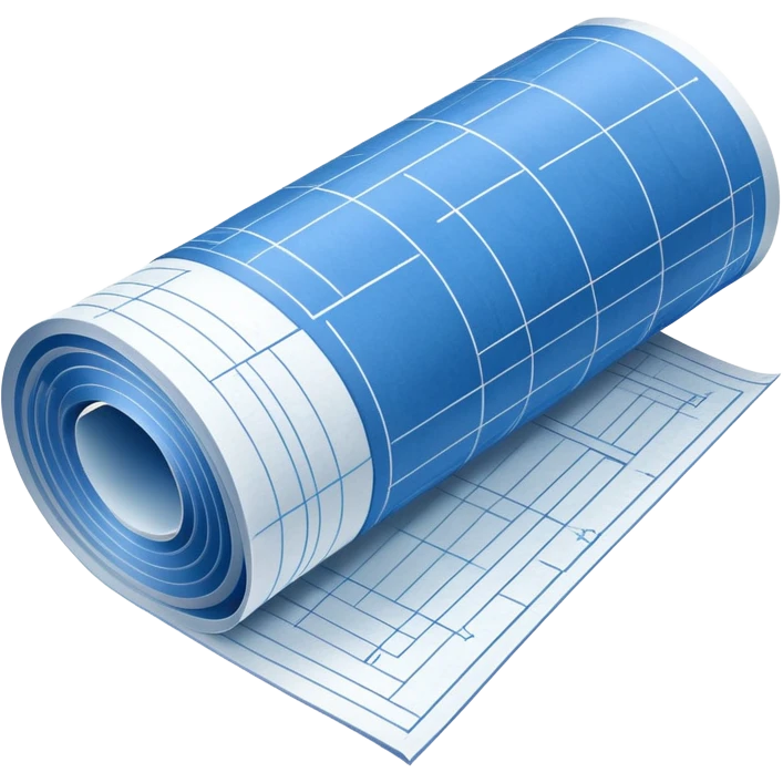 blue blueprint plan with white lines, partially rolled up, perspective view emoji