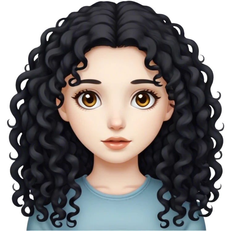 Beautiful girl, long black hair, curly hair, deep brown eyes, pale skin emoji