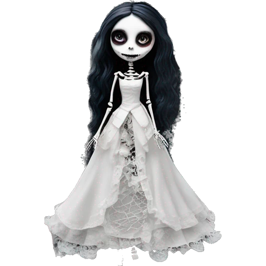 full height skeleton, tim burton "corpse bride", thin porcelain doll with a cracked face, goth makeup watery eyes, long hair, lace and ruffles, lolita style, inked, black and white, red roses, gothic castle with roses emoji