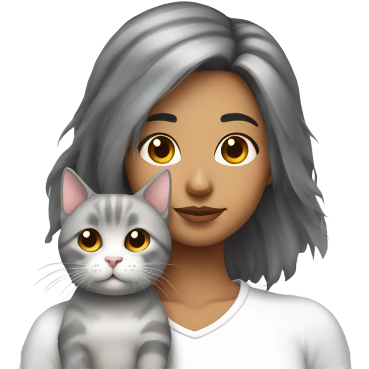Chica con pelo medio corto piel morena dormida con un gato gris con blanco  emoji