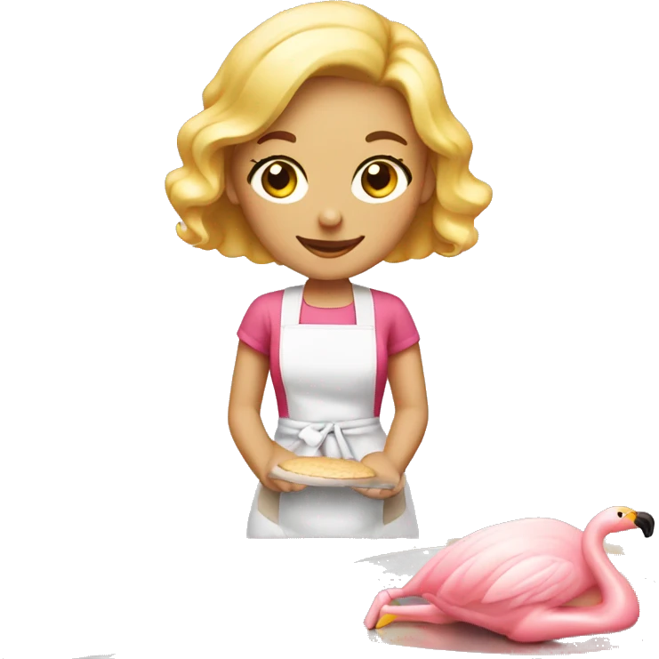 Blonde girl baking with flamingo apron emoji