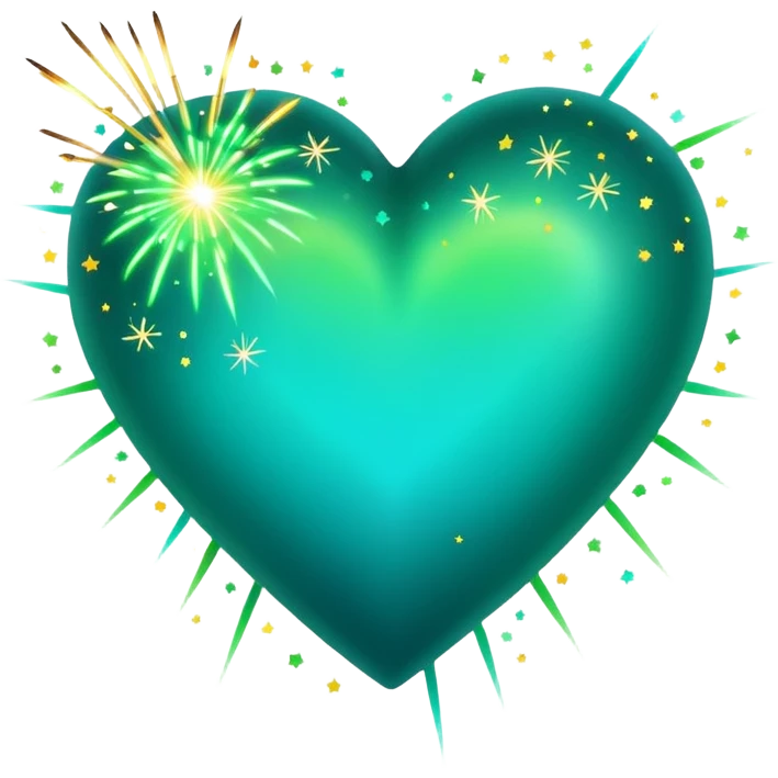emoji: teal and neon green gradient heart with sparklers and firework confetti from behind. emoji
