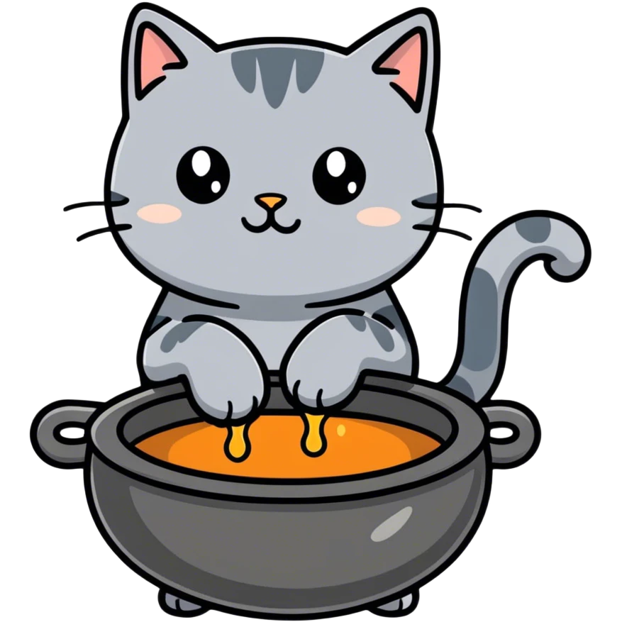 Grey cat with witch's cauldron emoji