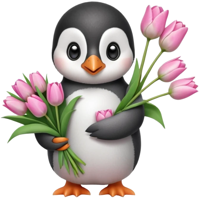 Cute baby penguin holding flower bouquet wraped in white paper and all flowers tulips in pink colour emoji