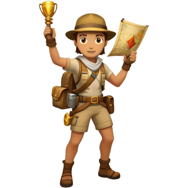 An icon featuring an adventurer in a dynamic action pose with treasure map, ancient ruins and jungle landscapes in the background. The design includes clues, hidden passages and climbing gear, symbolizing the thrill of exploration and discovery. Transparent background. emoji