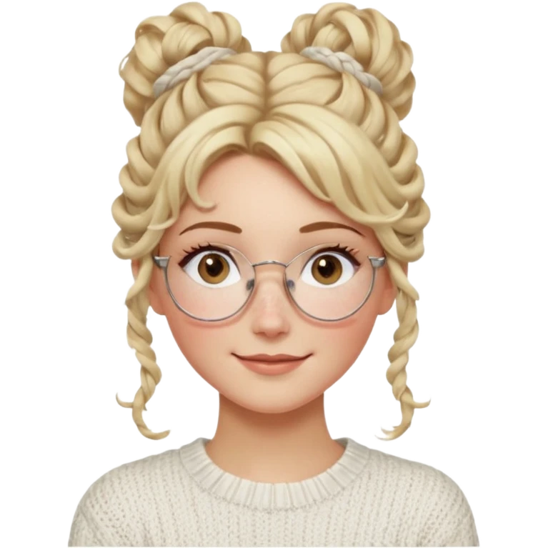 blonde hazel eyes woman with a white cable knit sweater and clear glasses on her head and a curly messy bun with tendrils of hair flowing down her face and she is happy pale, some freckles, blush. she has a cateye wing and long lashes emoji