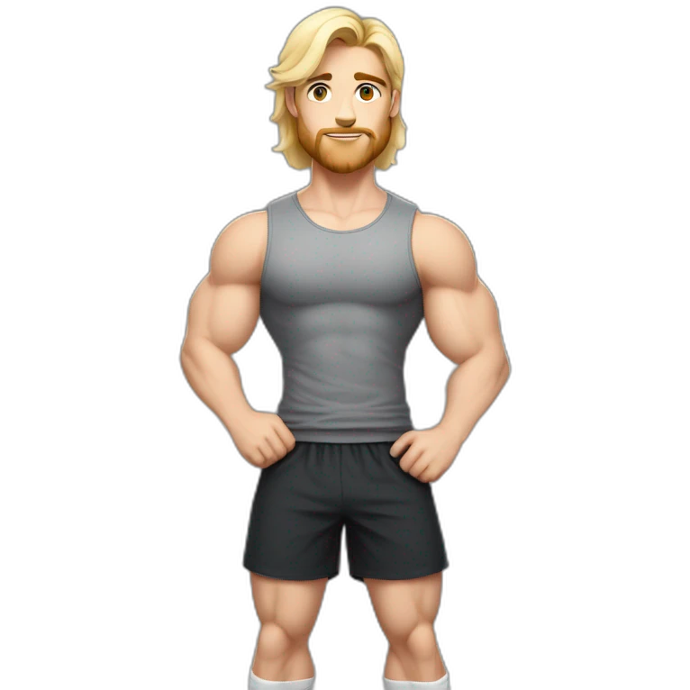 Full height Pale skinned fit man With Wide jaw, biceps and blonde hair In dark gray sleeveless mike, black oversize sports shorts, watch and white sneakers. his arms crossed over his chest emoji