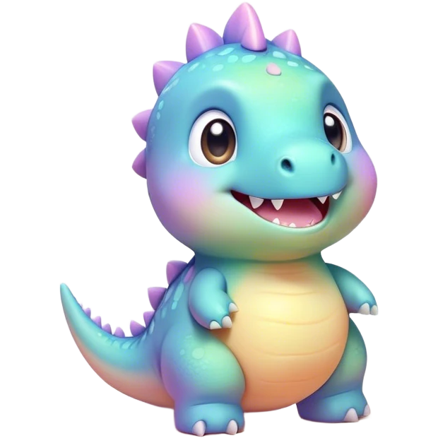 Cinematic tiny pastel dinosaur, chubby round body, tiny feet, big sparkling eyes, soft glowing colors, happy and friendly expression, radiating warmth. emoji