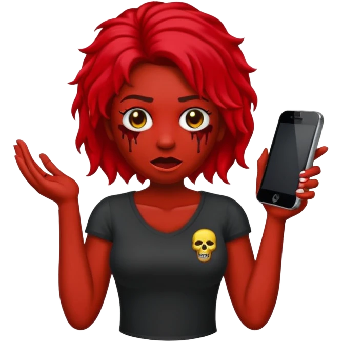 Faça me um emoji de um zumbi mulher de cabelos vermelho escuro longos ondulado usando uma blusa preta, faça no estilo iphone emoji