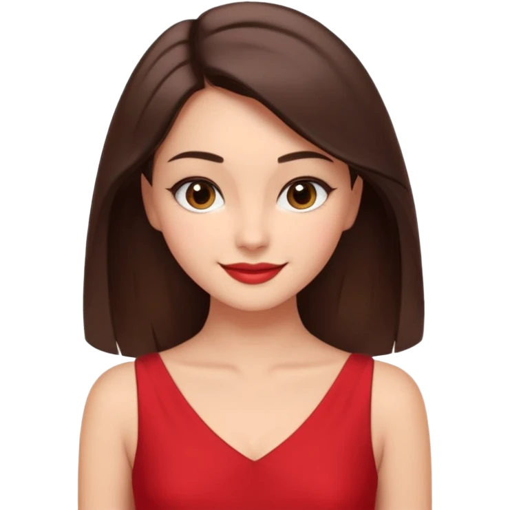 Cartoon emoji of a young brunette woman with fair-medium skin, brown eyes, wearing a red outfit. Full-height, standing confidently in a red dress  posing sexy with a smile and relaxed posture. Smooth, friendly, stylized, make up on, flirty eyes and smile in a sexy position touching hair emoji