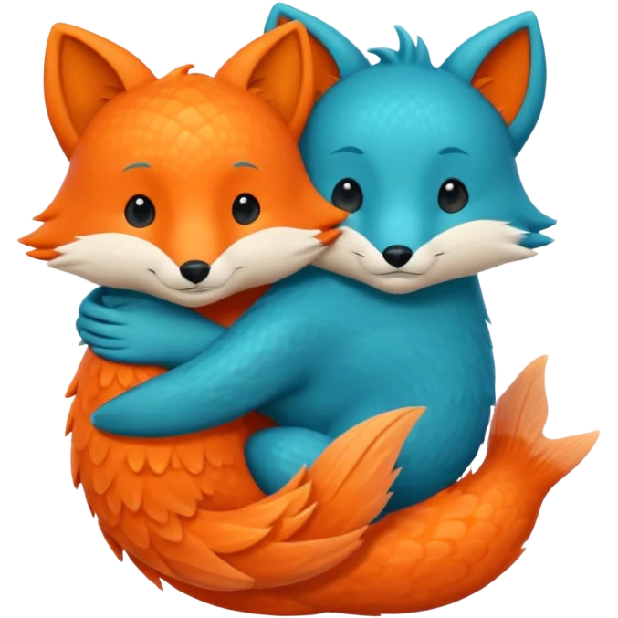 One orange fish and one teal blue fox, that are hugging or cuddling each other emoji