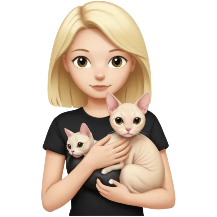 A white girl with blonde hair black T-shirt is holding a white Sphynx cat in her arms emoji