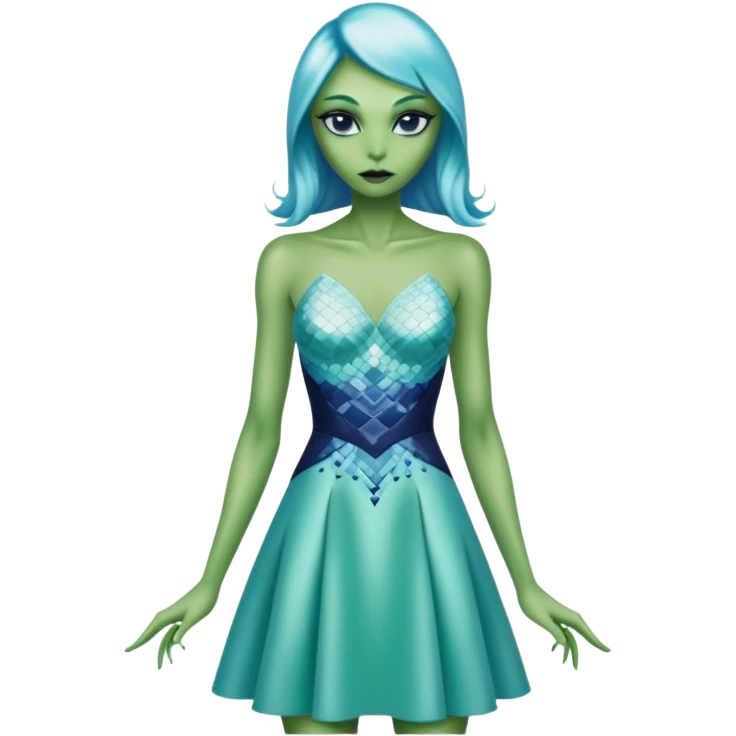 alien reptilian green skin woman, in short slim pastel blue formal party satin dress with gradient shiny sparkling navy blue diamonds embroidered  emoji