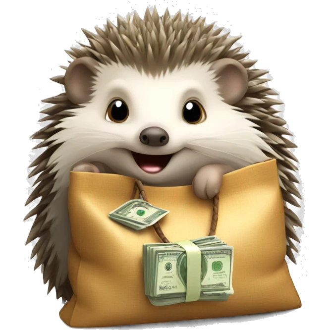 A cute hedgehog is sitting with a bag of money emoji