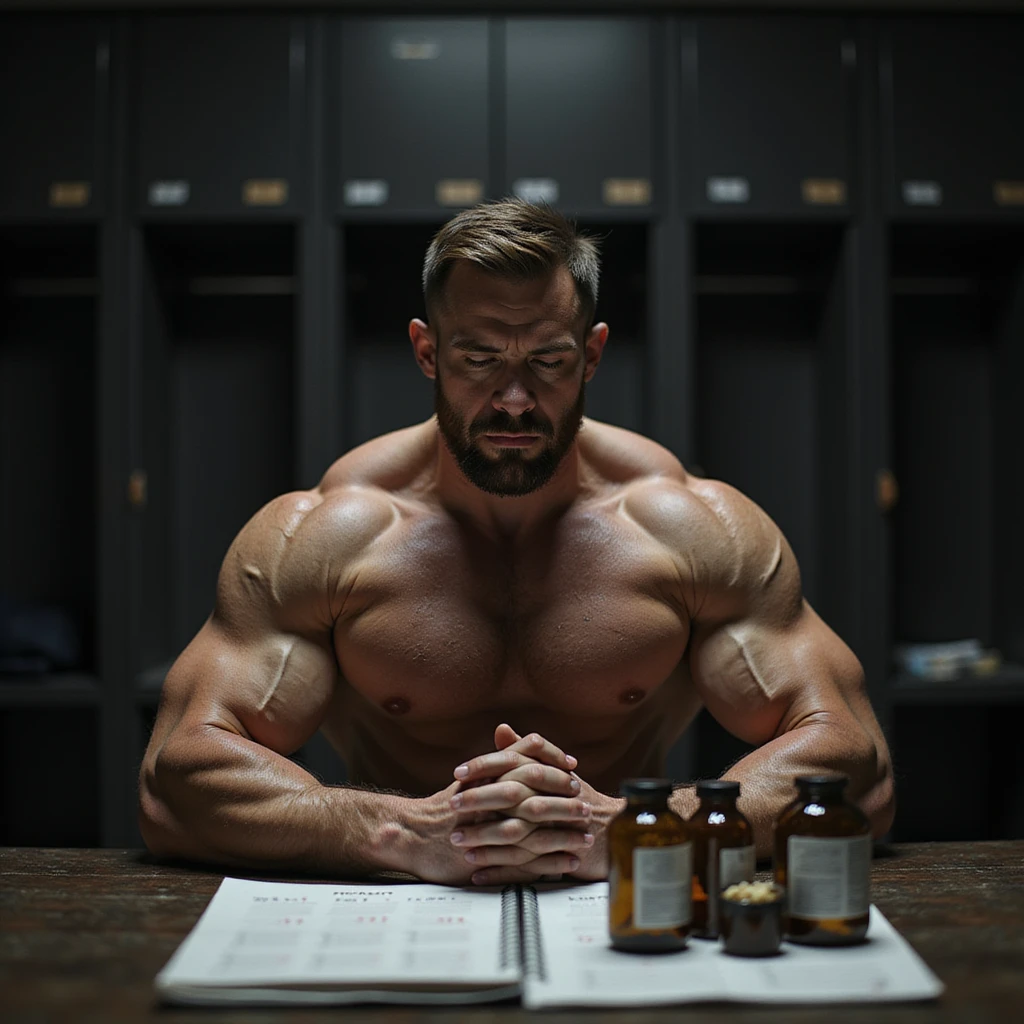realistic muscular bodybuilder man with serious face, supplements and medical vials on table, calendar with all months of the year behind, very defined physique with visible veins, dark locker room or gym background with dramatic lighting, signs of fatigue emoji