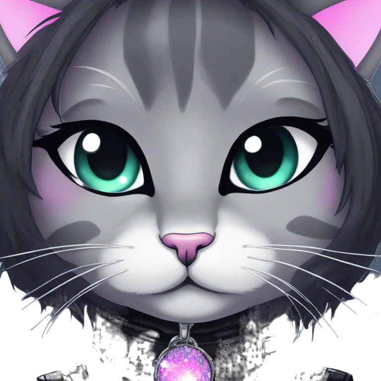 Gorgeous sparkly epic gradient gothic dark techwear anime style anthro cat with blushing face aesthetic and pretty edgy black with collar and harness trending style emoji
