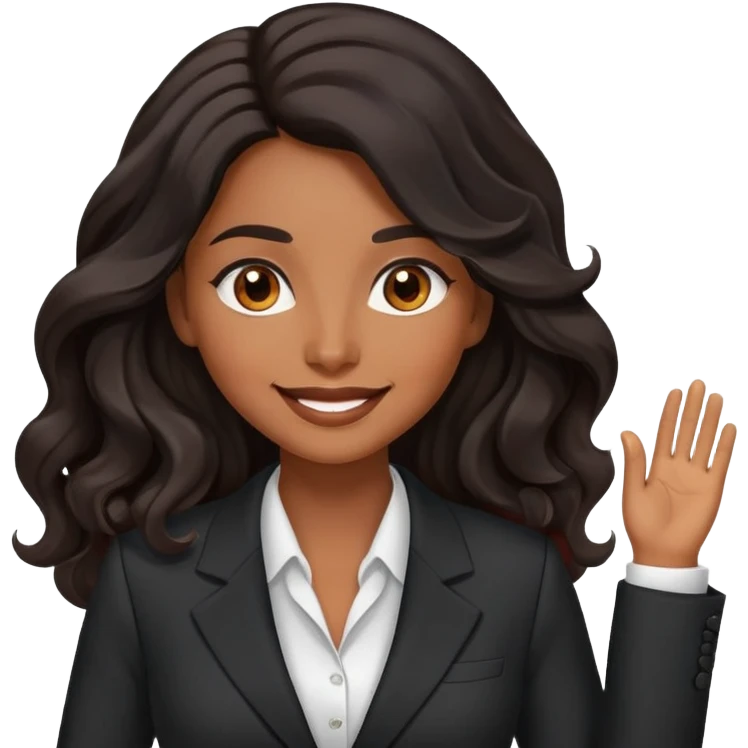 business woman with brown skin, brown eyes, long black wavy hair looking very happy, professional suit emoji