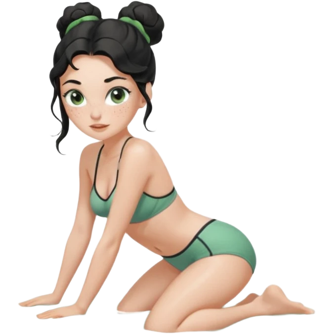 Fullbody nude very beautiful white young woman very beautiful face with freckles, green almond eyes long lashes, wavy  black hair in a bun i big boobs, big ass, sexy body,  bending over, getting ready for sex, realistic, big ass, busty but skinny, white socks on, and gray bikini but rest nude emoji