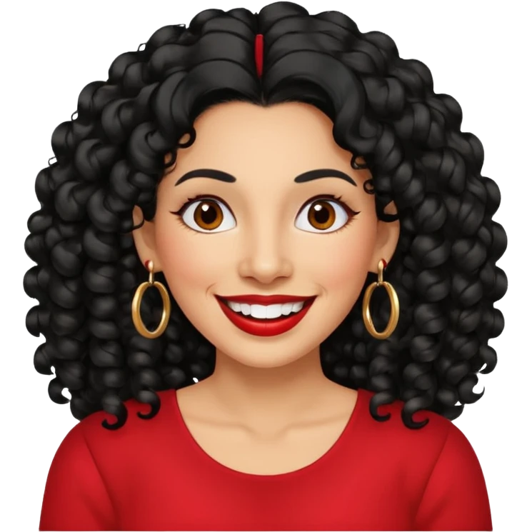 40 yr old peruvian woman, very curly long black hair, red lipstick, big smile, white teeth, brown eyes, hoop earings, hair parted at side emoji