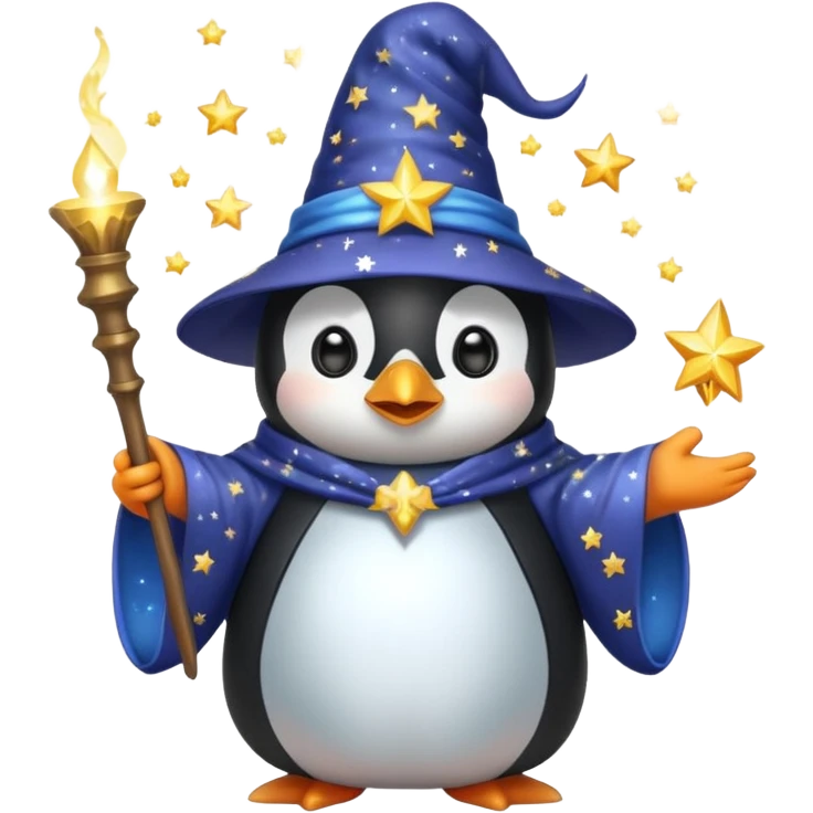 cute penguin wizard casting a sparkling spell wearing a starry robe and hat emoji