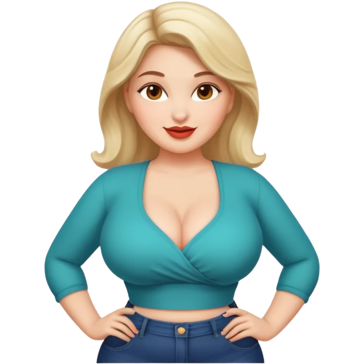 woman with voluptuous body, wearing trendy clothes, cheerful face emoji