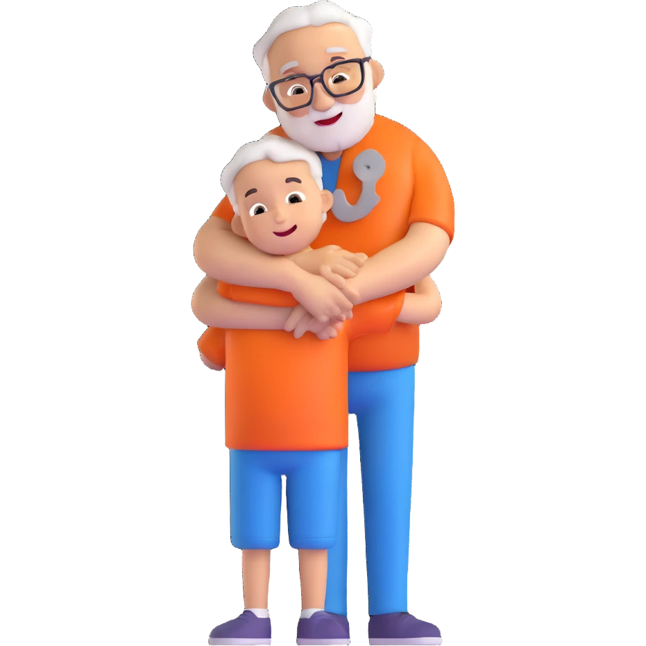 small kid giving a big hug to their granddad, cheerful and cute emoji