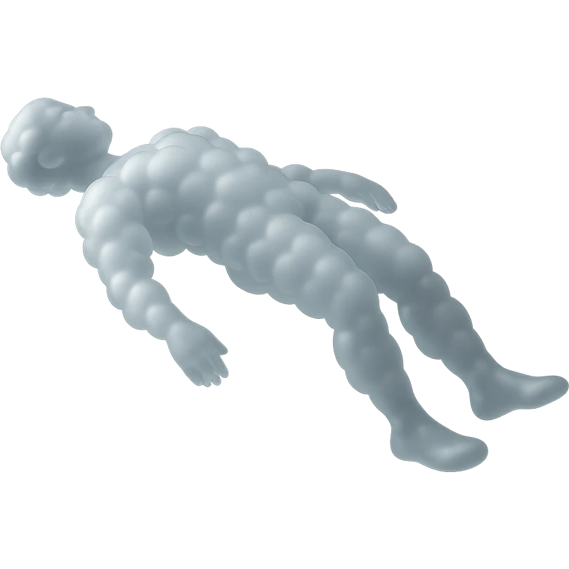 side view of unconscious person flying torso up, legs and arms down, made of small very bright white fluffy convex clouds, matte glass style emoji