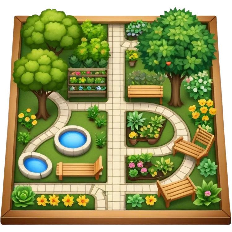 Icon for Landscape Design: a garden layout with trees, plants, pathways, and outdoor furniture, along with design tools like a ruler, pencil and sketchpad. The icon should represent the creativity and planning behind landscape design. Transparent background. emoji
