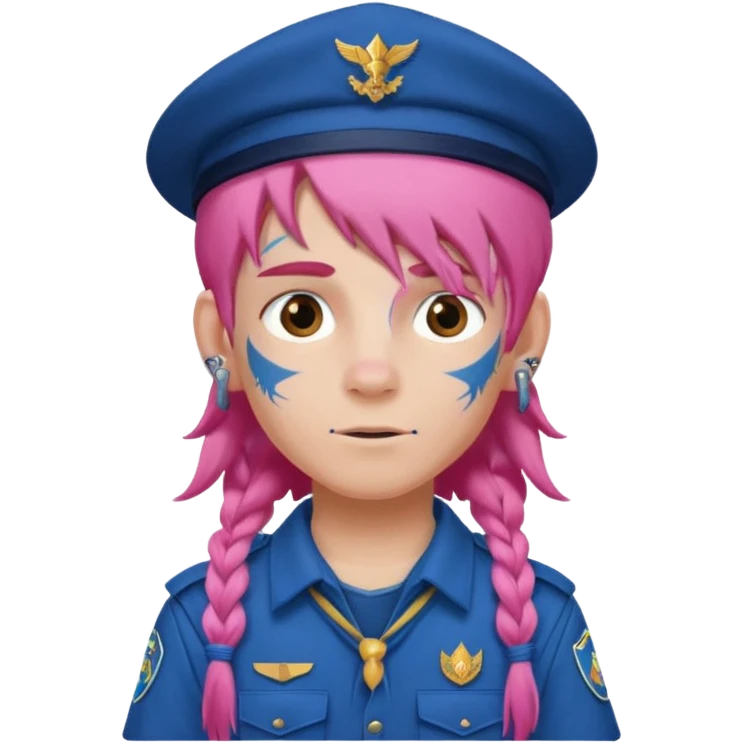 scout boy long hair face tatooes pink haired, wearing blue uniform with hat emoji